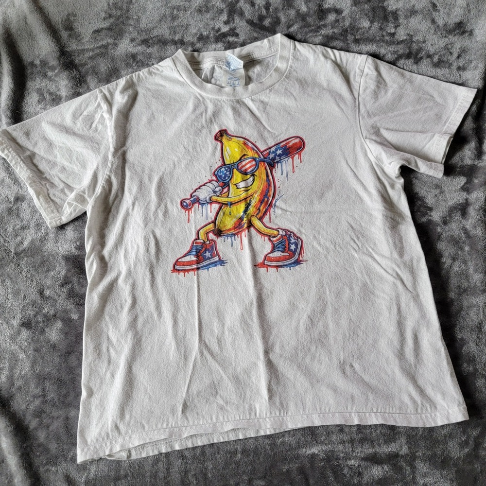 Port & Company Graphic T-Shirt Kids L White Excellent USA Banana Baseball 750
